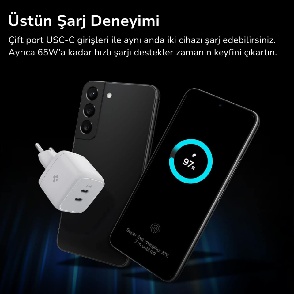 Spigen Powerarc Arcstation 35W Hızlı Şarj Cihazı 2 Port Gallium Nitride (Gan) Usb-C Pd 3.0 30W / Pps 30W (Samsung Hızlı Şarj Destekli) iPhone / Android Şarj Adaptörü PE2104 White - ACH03714 White