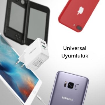 Spigen Essential 30W Hızlı Şarj Cihazı 2 Port USB Qualcomm 3.0 18W + iP (Intelligent Power Technology) 12W Duvar Şarjı F207