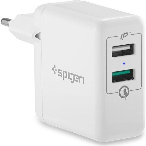 Spigen Essential 30W Hızlı Şarj Cihazı 2 Port USB Qualcomm 3.0 18W + iP (Intelligent Power Technology) 12W Duvar Şarjı F207