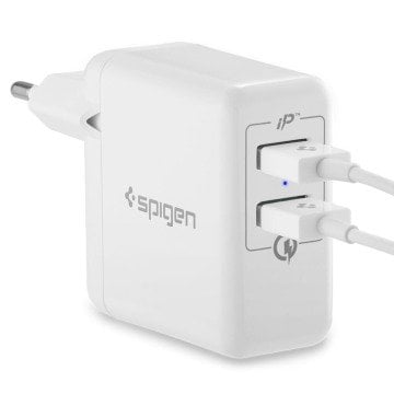 Spigen Essential 30W Hızlı Şarj Cihazı 2 Port USB Qualcomm 3.0 18W + iP (Intelligent Power Technology) 12W Duvar Şarjı F207