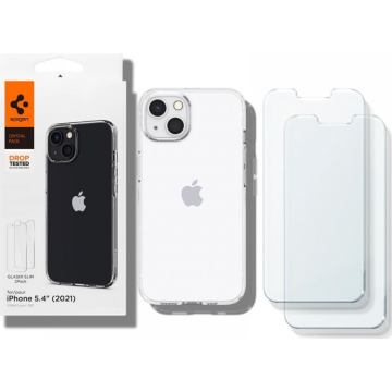 iPhone 13 Kılıf, Spigen Crystal Pack + Spigen Glas.tR Slim HD (2 Adet) 360* Cam Ekran Koruyucu