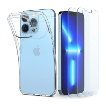 iPhone 13 Pro Kılıf, Spigen Crystal Pack + Spigen Glas.tR Slim HD (2 Adet) 360* Cam Ekran Koruyucu Crystal Clear