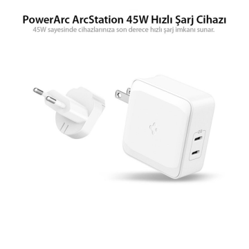 Spigen 45W USB-C Güç Adaptörü 2 Port (Akım Korumalı) 20W/45W Type-C iPhone & Android & iPad & MacBook Hızlı Şarj Cihazı + Çoklu Değiştirebilir Başlık Travel ArcStation PE2010 White - ACH02613 White