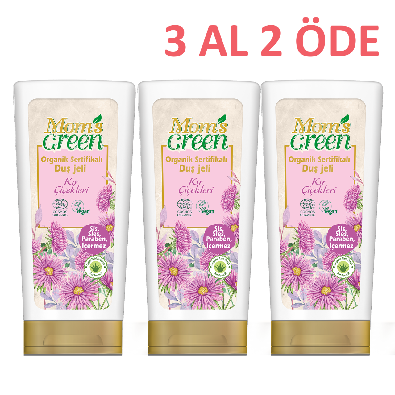 3'lü Set Mom's Green Organik Sertifikalı Duş Jeli - Kır Çiçekleri 400 ml 3 Al 2 Öde EcoCosmos