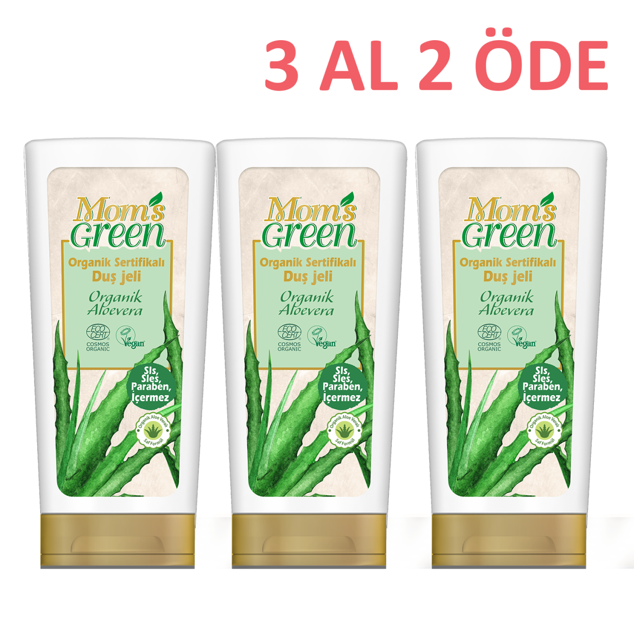 3'lü Set Mom's Green Organik Sertifikalı Duş Jeli - Organik Aloeveralı 400 ml 3 Al 2 Öde EcoCosmos