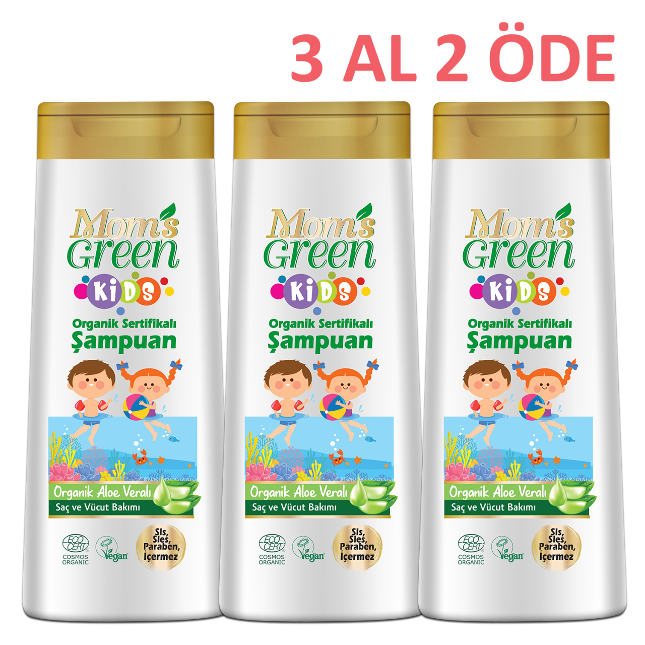 3'lü Set Mom's Green KIDS Organik Aloeveralı ÇOCUK Şampuanı 400ml*3 - 3 Al 2 Öde EcoCosmos