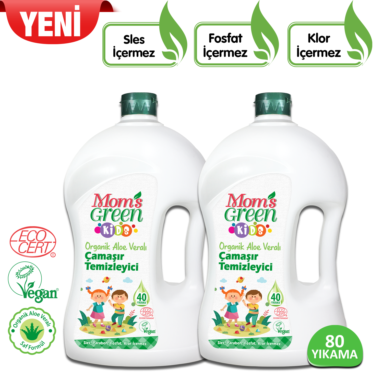 2'li Set Mom's Green Çocuk Çamaşır Temizleyici Organik Aloeveralı 1500 ml x 2 Adet ECO