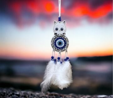 Ahşap Kedi Tasarımlı Rüya Düş Kapanı Dream Catcher (36cm)