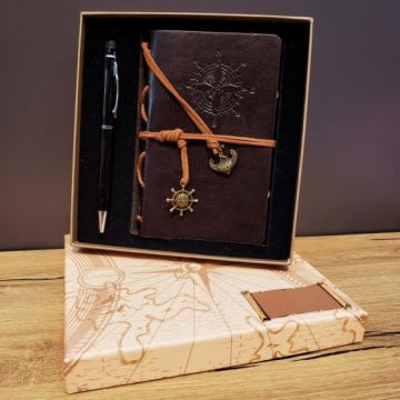 Pusula Baskılı Deri Defter Kalem Seti Öğretmene Hediye