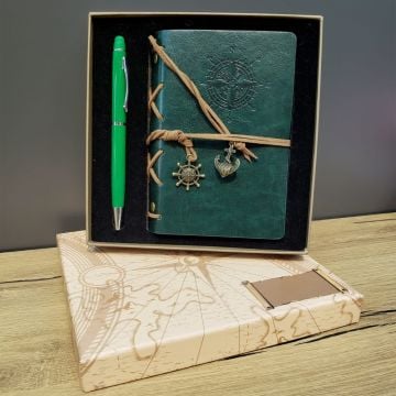 Pusula Baskılı Yeşil Deri Defter Kalem Seti Öğretmene Hediye