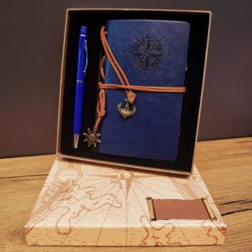 Pusula Baskılı Mavi Deri Defter Kalem Seti Öğretmene Hediye