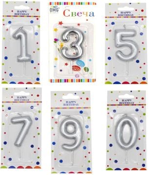 Orta Boy Gümüş Rakam Pasta Mum (12 cm x 2.5 cm)