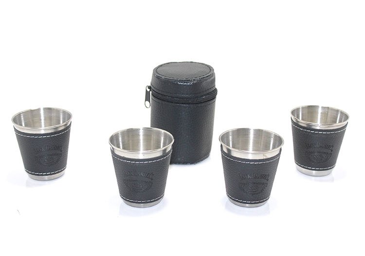 Derili Çantalı Çelik Shot Bardak Seti (4 Adet)