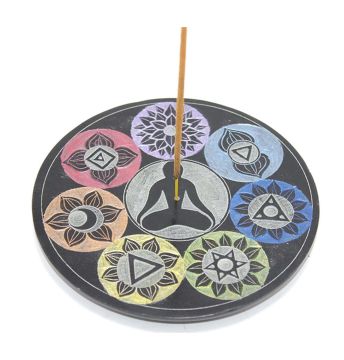 Yuvarlak İşlemeli Obsidian Taşı 7 Chakra Tütsülük (15cm)