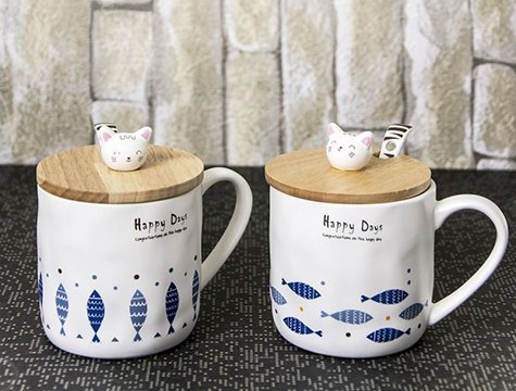 Ahşap Kapaklı Kaşıklı Seramik Kupa Bardak