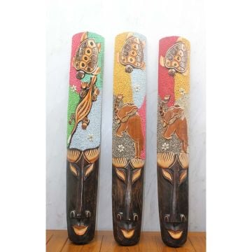 Dekoratif Ahşap Yüz Desenli Kaplumbağalı Duvara Asmalı Maske (100 cm)