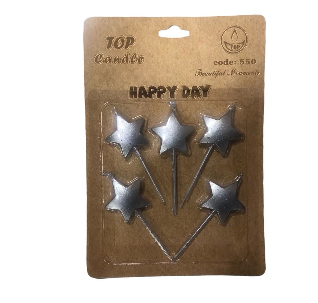 Yıldız Gümüş Doğum Günü Pasta Mumu 6.5cm  (5 Adet)
