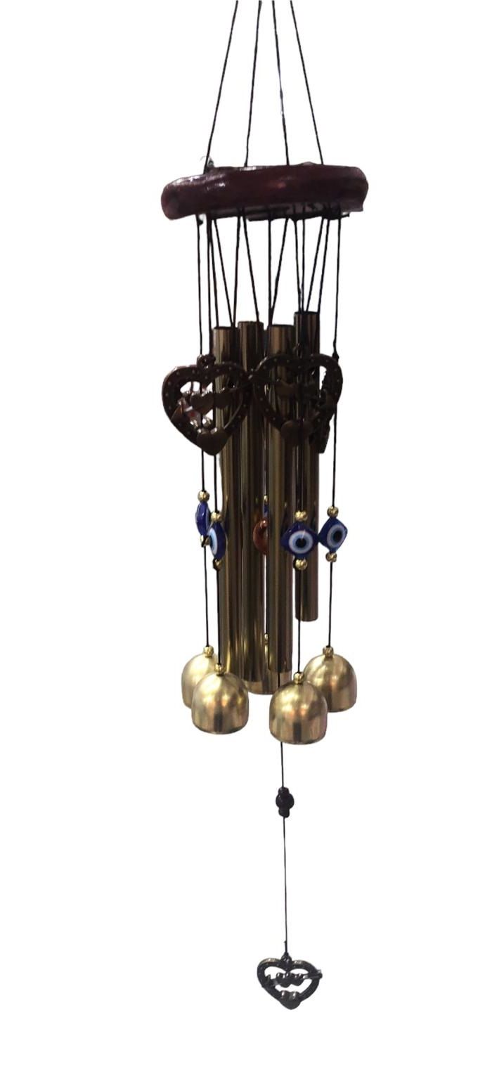 Metal Nazar Boncuklu Kalp Tasarımlı Dekoratif Rüzgar Çanı(55cm)