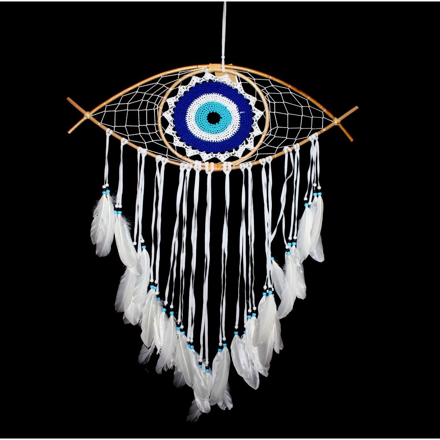 Mavi Boncuklu Tüylü Göz Rüya Düş Kapanı Dream Catcher (65 cm x 22 cm)