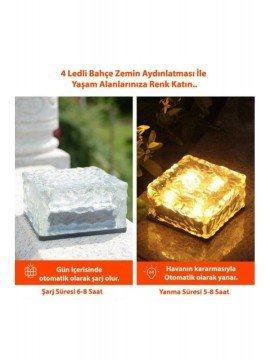 Solar Güneş Enerjili Buz 4 Led Kristal Cam Zemin Bahçe Aydınlatma