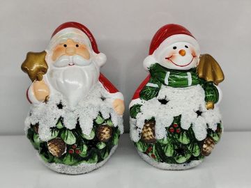 Dekoratif Işıklı Noel Baba Kardan Adam Seramik Biblo