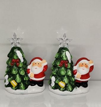 Seramik Işıklı Noel Baba Çam Ağacı Dekoratif Biblo