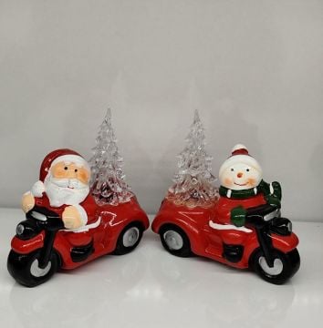 Işıklı Motosikleti Noel Baba Kardan Adam Seramik Yılbaşı Biblosu