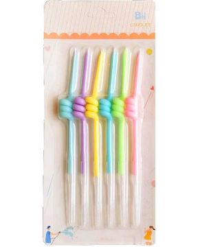 Spiral Kıvrımlı Makaron Rengarenk Pasta Mumu 6'lı