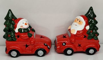 Işıklı Seramik Arabalı Noel Baba Kardan Adam Yılbaşı Hediye Biblosu