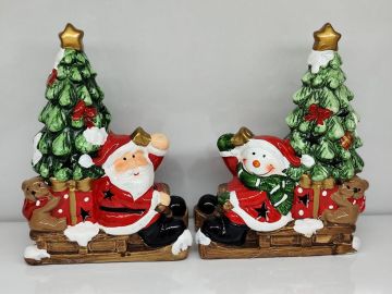 Işıklı Kızakta Hediye Dağıtan Noel Baba & Kardan Adam Seramik Biblo