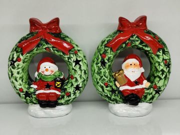 Işıklı Çelen Simit Noel Baba & Kardan Adam Seramik Biblo