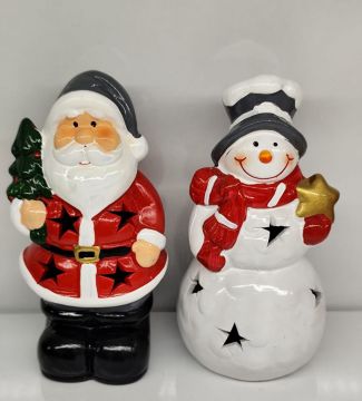 Işıklı Dekoratif Noel Baba & Kardan Adam Seramik Biblo