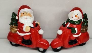 Yılbaşı Hediyesi Motosikletli Noel Baba Kardan Adam Seramik Biblo