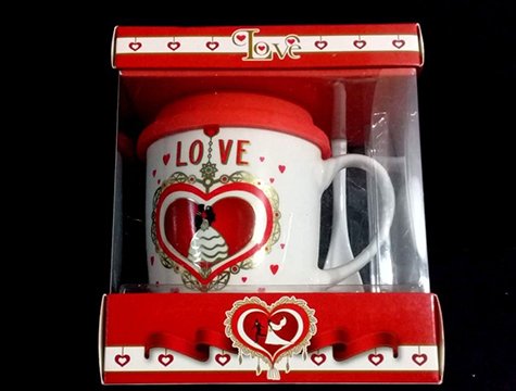 Love Gelin Damat Temalı Silikon Kapaklı Kaşıklı Seramik Kupa Bardak