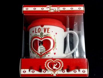 Love Gelin Damat Temalı Silikon Kapaklı Kaşıklı Seramik Kupa Bardak