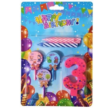 Ayıcıklı Pembe 3 Rakam Doğum Günü Pasta Mumu