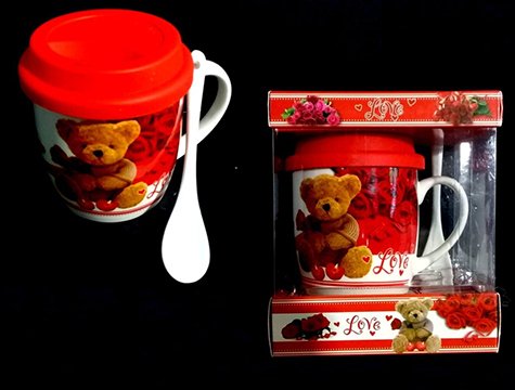 Ayıcık Love Temalı Silikon Kapaklı Kaşıklı Seramik Kupa Bardak