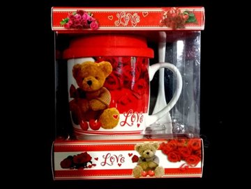 Ayıcık Love Temalı Silikon Kapaklı Kaşıklı Seramik Kupa Bardak
