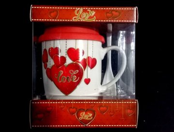 Love Kalp Tasarım Silikon Kapaklı Kaşıklı Seramik Kupa Bardak