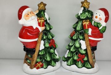 Işıklı Dekoratif Çam Ağacı Süsleyen Noel Baba & Kardan Adam Biblo