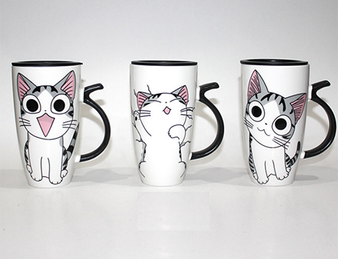 Kapaklı Kedi Baskılı Seramik Kupa Bardak (Büyük Boy)