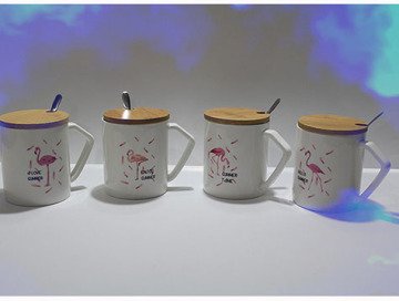 Ahşap Kapaklı Kaşıklı Flamingo Tasarımlı Kupa Bardak