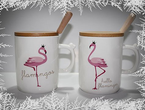 Ahşap Kapaklı Kaşıklı Flamingo Seramik Kupa Bardak