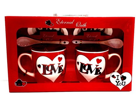 Sevgiliye Hediye 2'li I Love Temalı Kaşıklı Seramik Kupa Bardak Seti