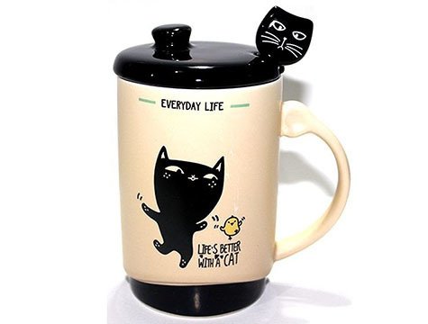 Kedi Tasarımlı Kapaklı Kaşıklı Seramik Kupa Bardak