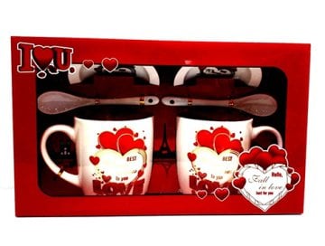 2'li Sevgiliye Hediye Love Kalpli Kaşıklı Seramik Kupa Bardak Seti