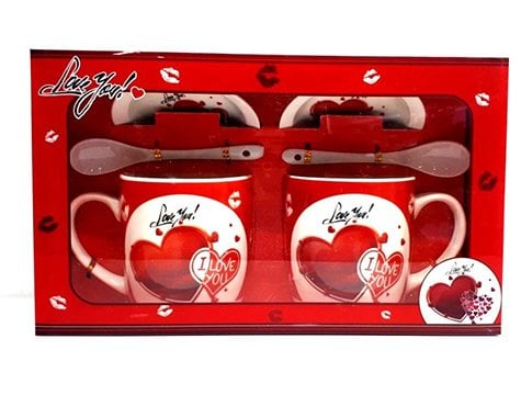 2'li Sevgiliye Hediye Love You Temalı Kaşıklı Kupa Bardak Seti