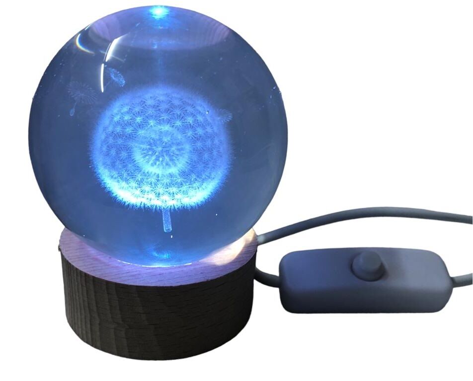 Dekoratif Karahindibağ Tasarımlı Ahşap Altlıklı Işıklı Cam Küre