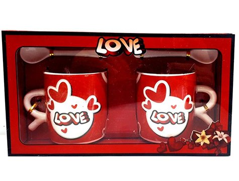 Sevgiliye Özel 2'li Love Desenli Kaşıklı Kupa Bardak Seti