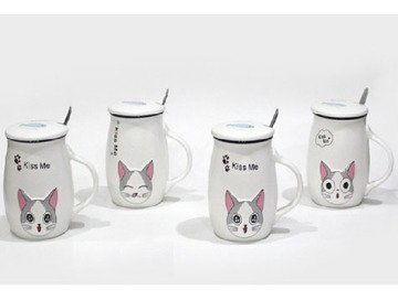 Seramik Kedi Desenli Kapaklı Kaşıklı Kupa Bardak